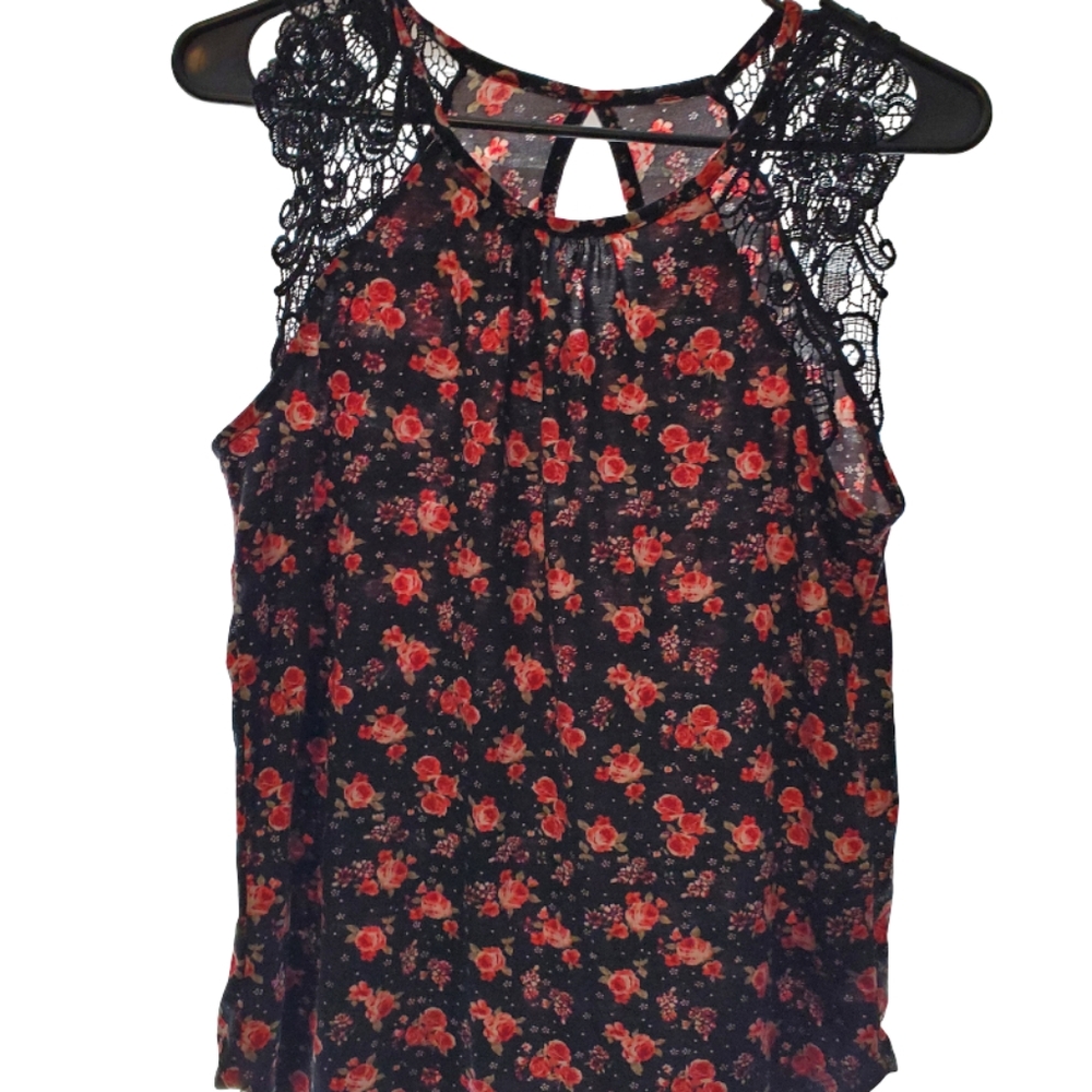 Elegant Black and Red Floral Lace Blouse